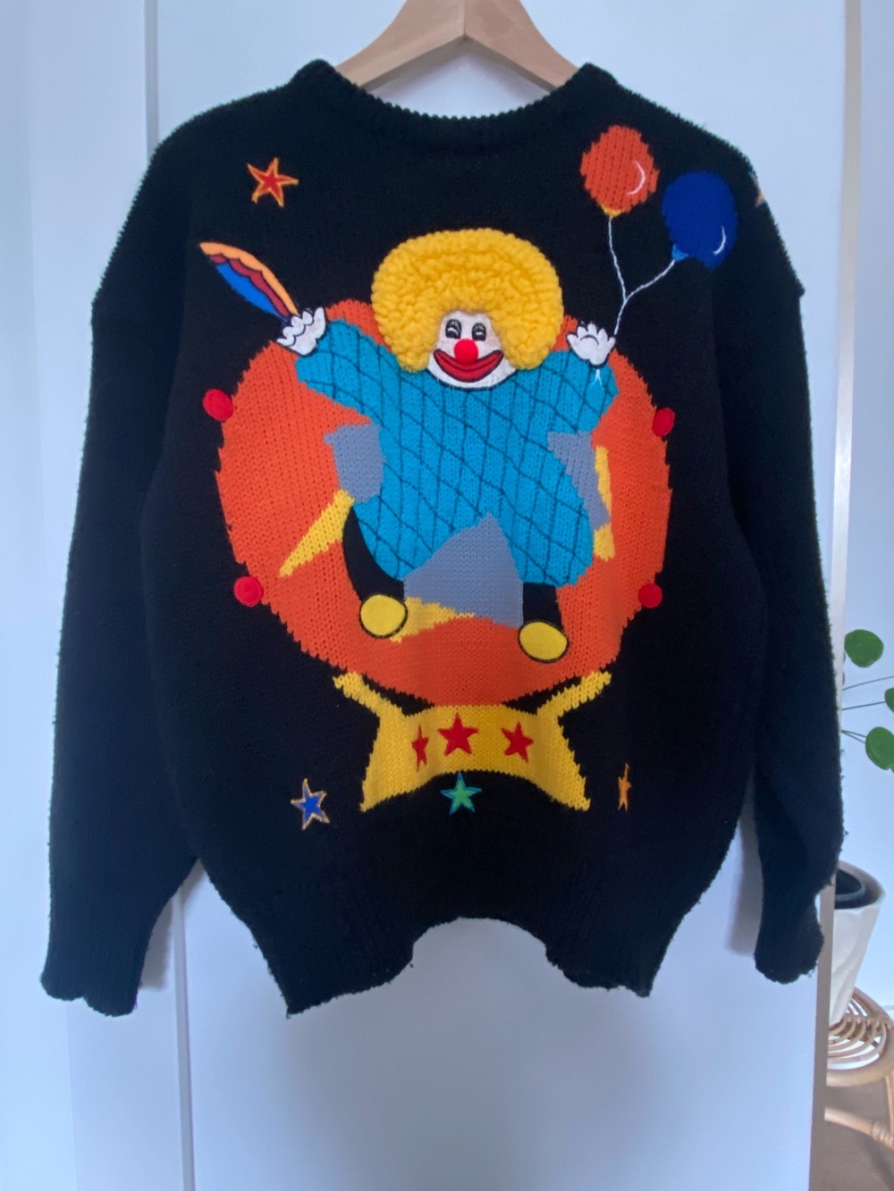 Vintage Clown and Balloon Black Holiday Sweater Palm Springs Yacht Club L